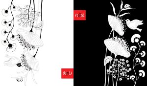 Black and white double stencils of flowers, a ladybug, and a bird