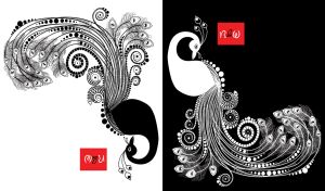 Black and white double stencils of a peacock with gorgeous swirl patterned tail