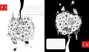 Black and white double stencils of a flower bouquet and butterflies