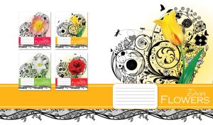 A yellow tulip on a black floral stencil design and a yellow stripe on a white backdrop