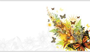 Yellow abstract floral art with butterflies on a white backdrop with silhouettes