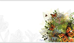 Green abstract floral art with butterflies on a white backdrop with silhouettes