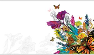 Motley abstract floral art with butterflies on a white backdrop with silhouettes
