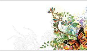 Pastel abstract floral art with butterflies on a white backdrop with silhouettes