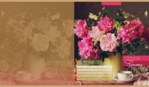 Still life oil painting with a vase of pink peony flowers and a china teacup