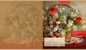 Still life oil painting with wildflowers in a wicker basket and red berries