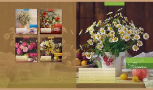 Still life oil painting with white daisies in a white mug and a plate of fruits