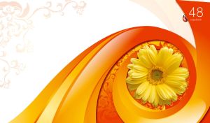 Digital art displays a yellow daisy on orange spiral on a white backdrop