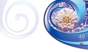Digital art displays a white dahlia on violet-blue spiral on a white backdrop