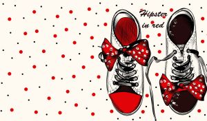 Drawing of black and white canvas shoes with red bows on pastel white backdrop