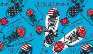 Drawing of white canvas shoes with the UK and the US flags on a blue backdrop