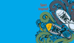 Sport Inspired - Canvas shoe drawing on a blue background with swirl outline