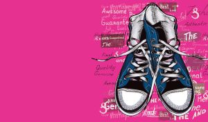 Drawing of white and blue canvas shoes on a fuchsia backdrop handwriting pattern