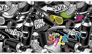 Black-and-white graffiti style seamless pattern with spray paint and sneakers