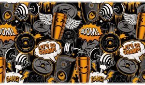 Graffiti style seamless pattern with fitness dumbbells and speakers on black