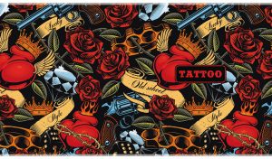 Tattoo style seamless pattern with roses, revolvers and crowned hearts on black
