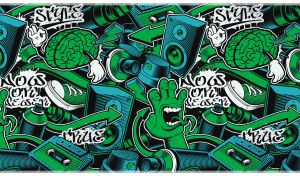 Graffiti style seamless pattern spray paint, brains and speakers on black