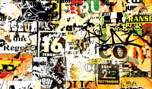 Vintage grunge graffiti collage of shabby magazine ads on yellow and white
