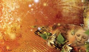 Medieval portrait of curly-haired boy and girl kiss on an ocher textured wall