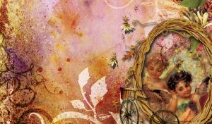 Medieval portrait of curly-haired angels by a old bike on a pink textured wall