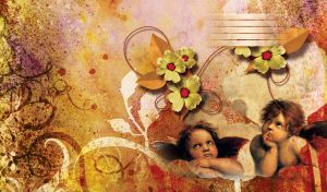 Medieval portrait of two ginger angels on an ocher-red textured wall