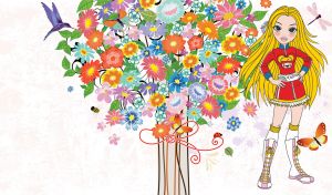 Blonde girl in a red tracksuit against a summer bouquet on pastel white