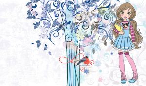 Ash blonde girl holds a book against a navy leaf bouquet on pastel white