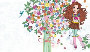 Brown hair girl in a mint-pink leggings against a purple bouquet on pastel white