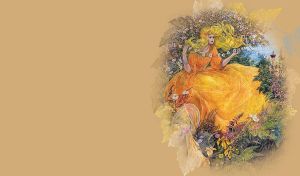 Fairy princess in an orange dress weaves a wreath on a pastel yellow ocher