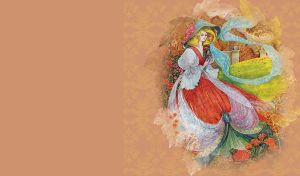 Fairy princess of autumn in the garden of roses on a pastel ocher backdrop