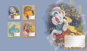 Fairy princess of winter in a fur coat on a pastel blue gray backdrop