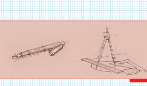 Beige-pink sketch of geometry tools and an ink pen on a checked pattern