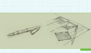 Green sketch of calculator, stock market newspaper and a pen on checked pattern
