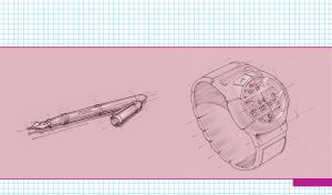 Pastel pink sketch of a hand watch and an ink pen on a checked pattern