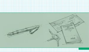 Pastel green sketch of an airplane ticket, keys and a book on a checked pattern