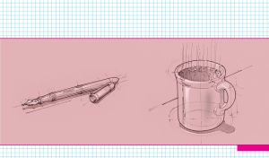 Pastel pink sketch of a mug with hot coffee and an ink pen on a checked pattern