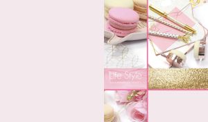A lifestyle collage of macaroons, headphones, pens and roses on pale pink