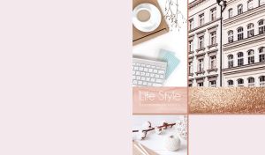 A lifestyle collage of an old building, keyboard, coffee and cotton on pale pink