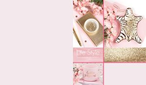 A lifestyle collage of a pinkish mug, golden paperclips, and roses on pale pink