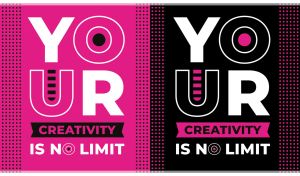 Inspirational quote "Your Creativity Is No Limit" on black and fuchsia posters