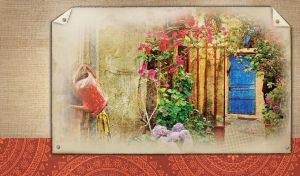 Red barred gate by the pink flowers on a beige sackcloth textured background