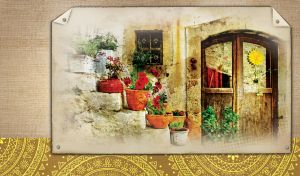 Olive arched door and flowerpots on stairs on a sackcloth textured background