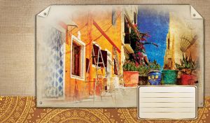 An orange house and ladders in courtyard with flowerpots on sackcloth background