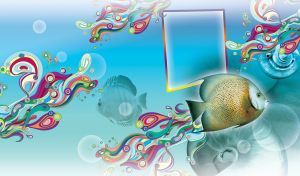 Gray angelfish in the teal blue sea with seashells and vivid abstract seaweed