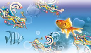 Fantail goldfish in the purple-blue sea with seashells and vivid abstract seaweed