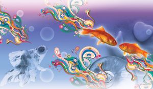 Goldfish couple in the navy-purple sea with seashells and vivid abstract seaweed