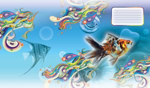 Calico fantail goldfish in a blue sea with seashells and vivid abstract seaweed