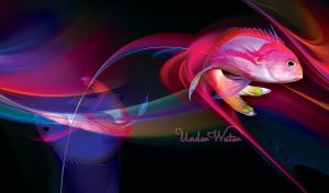 Pink Squareback Anthias fish swims in the purple magical waves in black water