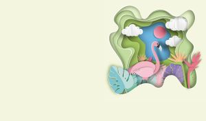 Papercut-style miniature scene of a flamingo in a jungle on a pale lime backdrop