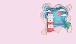 Papercut-style miniature scene of a lighthouse by the sea on pale pink backdrop